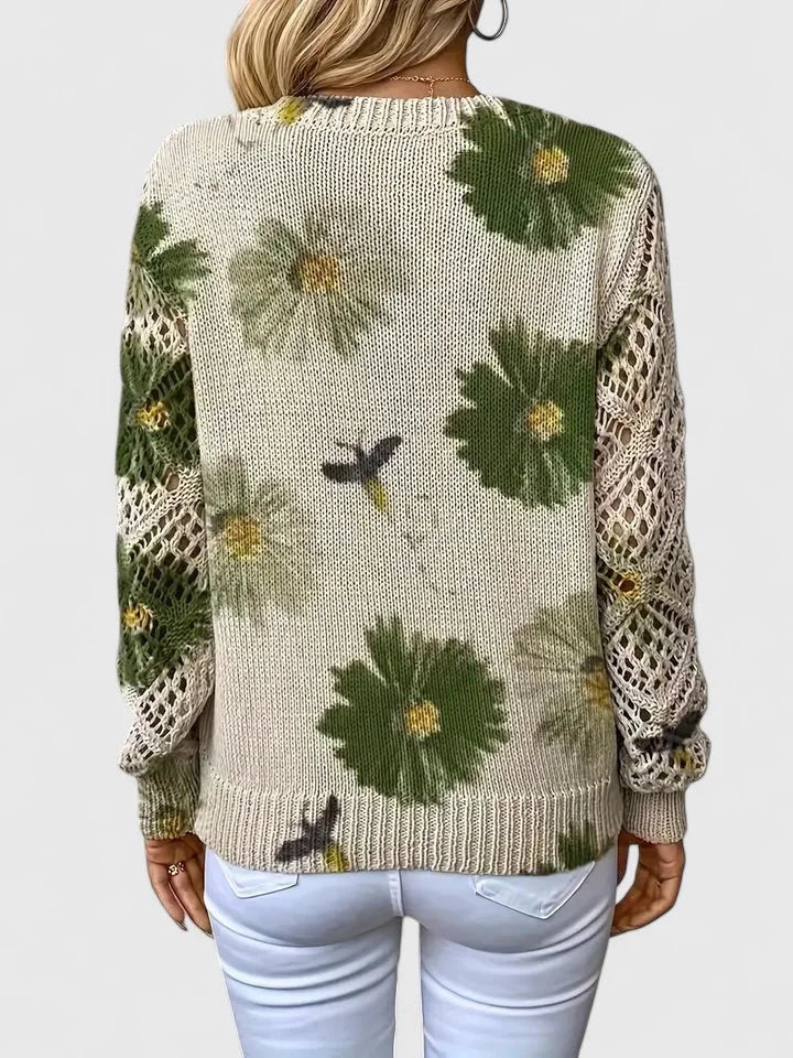 Women's floral knit sweater with V-neck and long open-knit sleeves