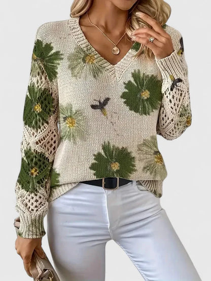 Women's floral knit sweater with V-neck and long open-knit sleeves – Green