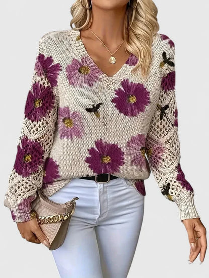 Women's floral knit sweater with V-neck and long open-knit sleeves – Purple
