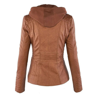 Women's hooded faux leather moto coat removable hood