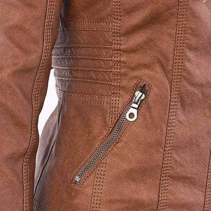 Women's hooded faux leather moto coat removable hood