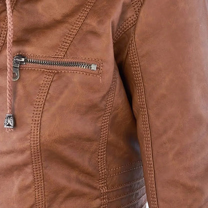 Women's hooded faux leather moto coat removable hood