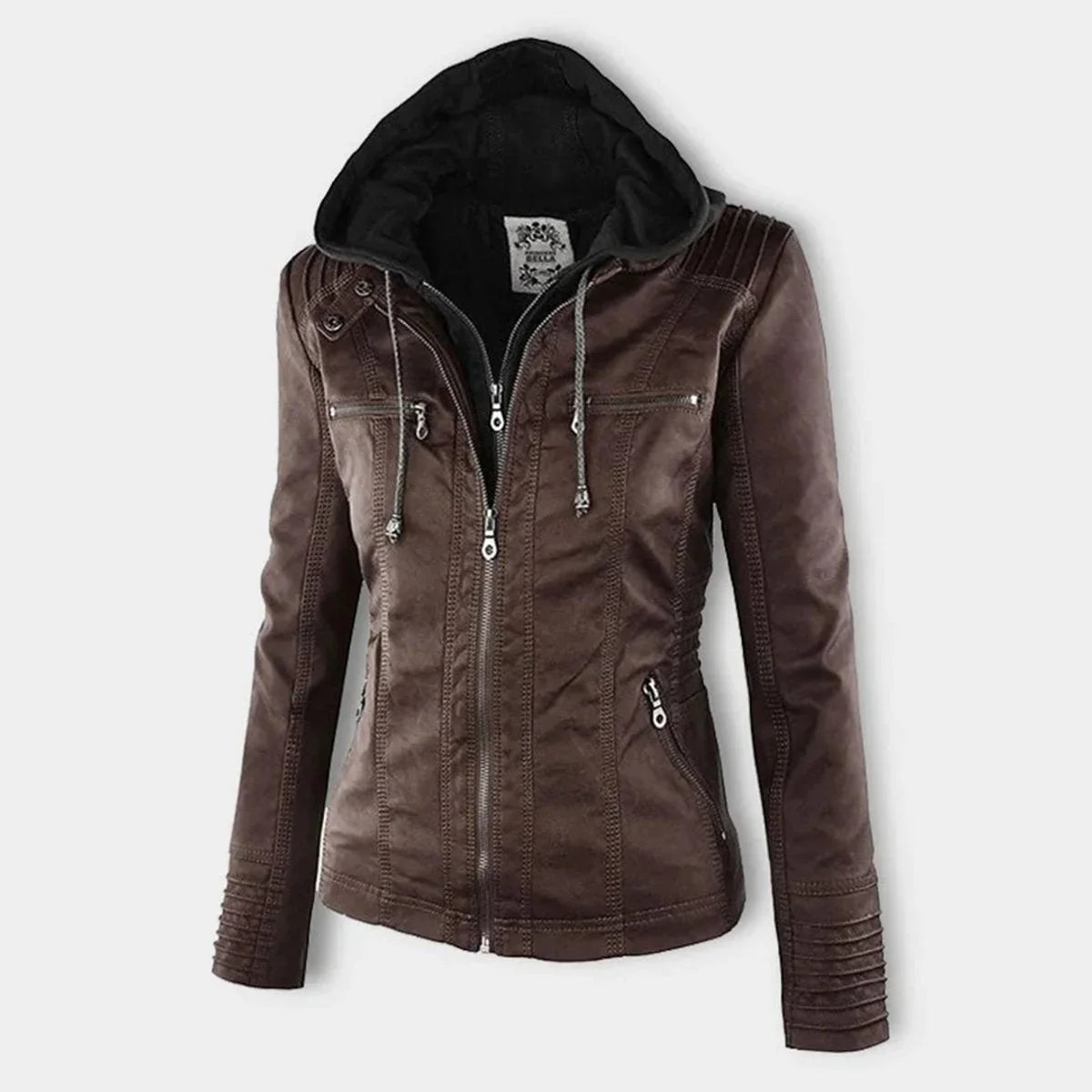 Women's hooded faux leather moto coat removable hood