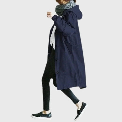 Women's hooded waterproof relaxed-fit long trench coat – Blue