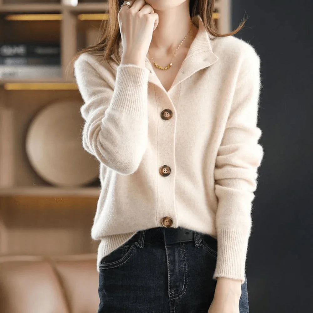 Women's knit button-front cardigan sweater with stand-collar and ribbed cuffs