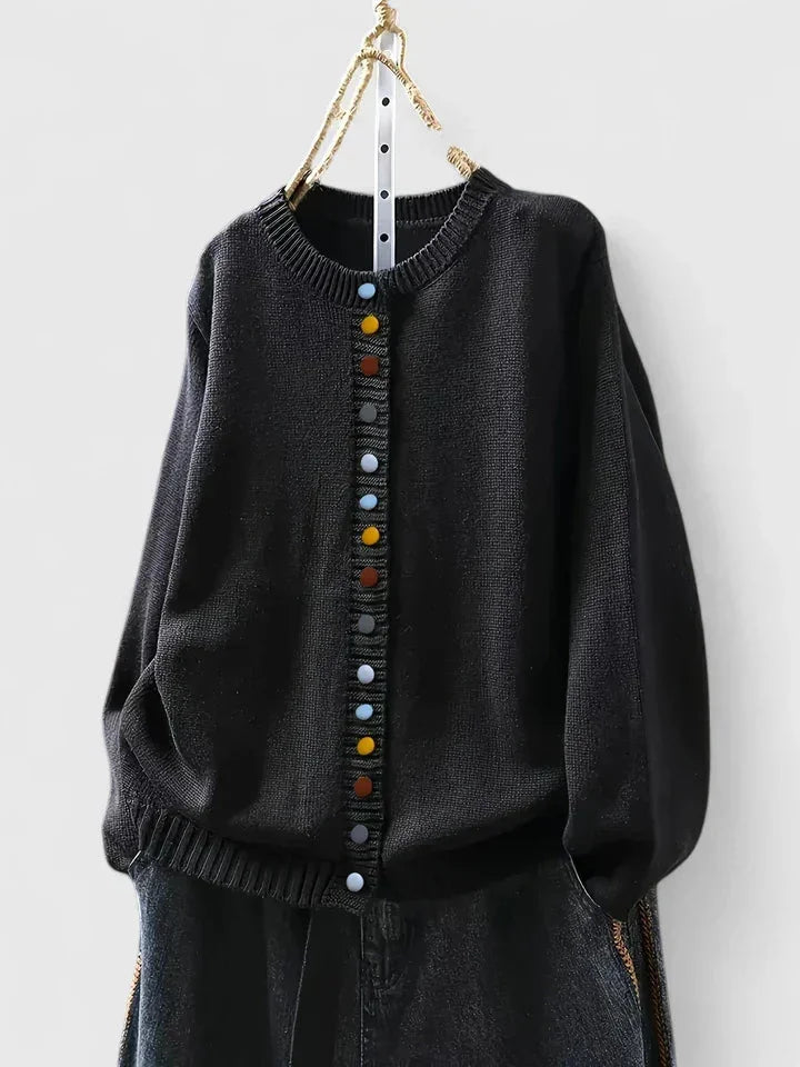 Women's knit relaxed-fit cardigan sweater with crewneck and multi-color button-front – Black