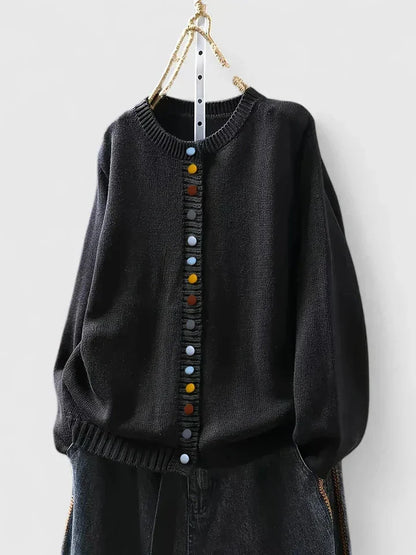 Women's knit relaxed-fit cardigan sweater with crewneck and multi-color button-front – Black