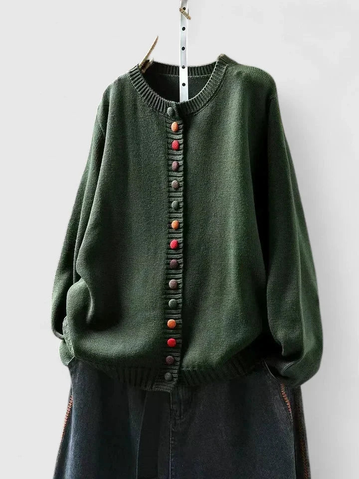 Women's knit relaxed-fit cardigan sweater with crewneck and multi-color button-front – Green