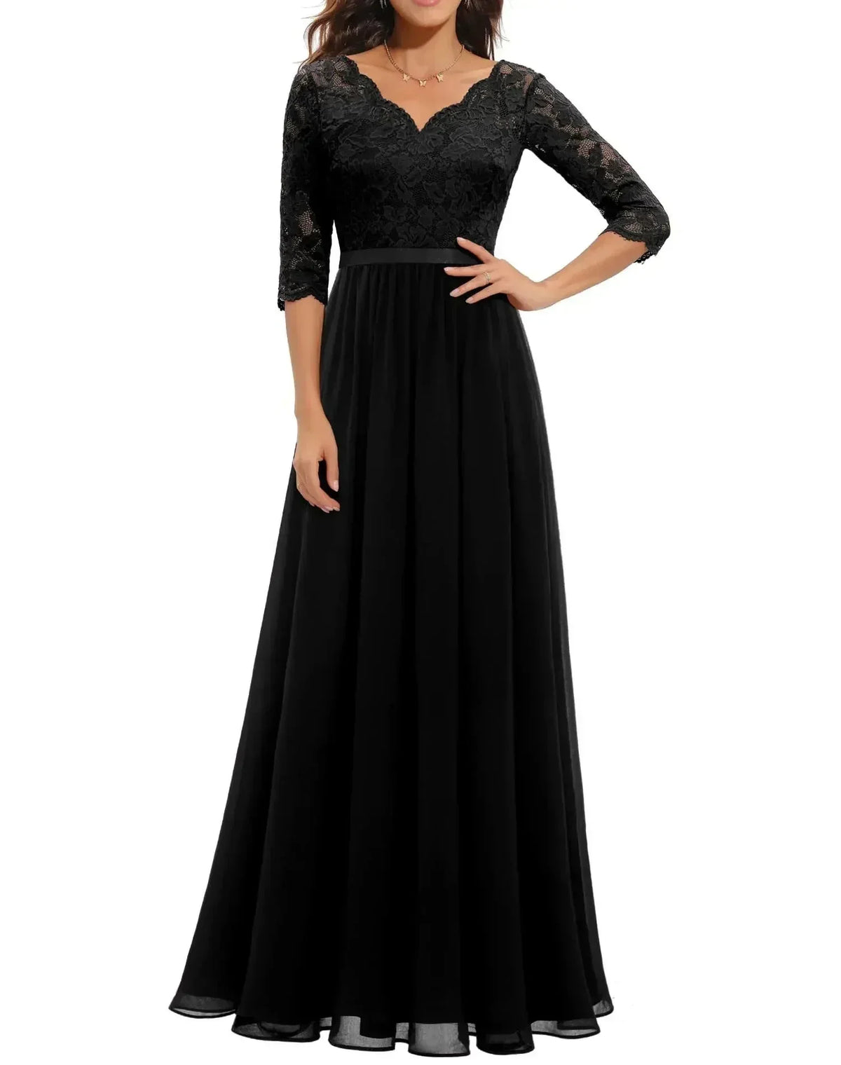 Women's lace chiffon maxi dress with V-neck and 3/4 sleeve – Black Quarter Sleeve