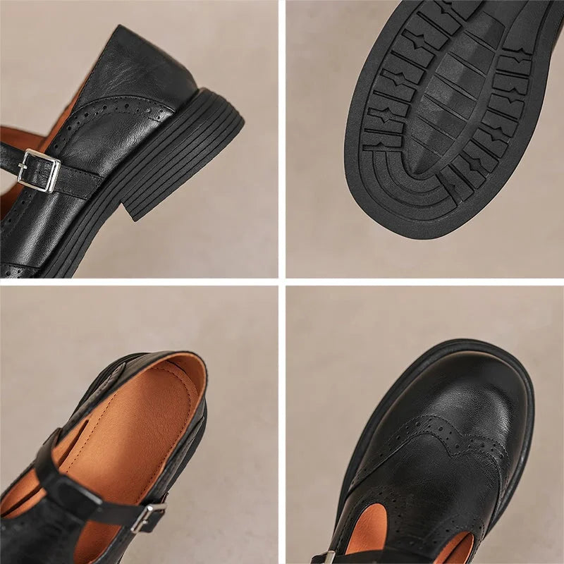 Women's leather brogue Mary Jane shoes with T-strap and block heel