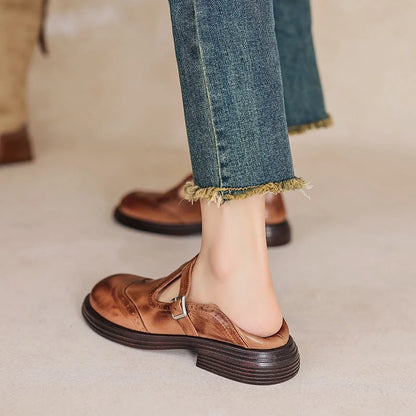 Women's leather brogue Mary Jane shoes with T-strap and block heel