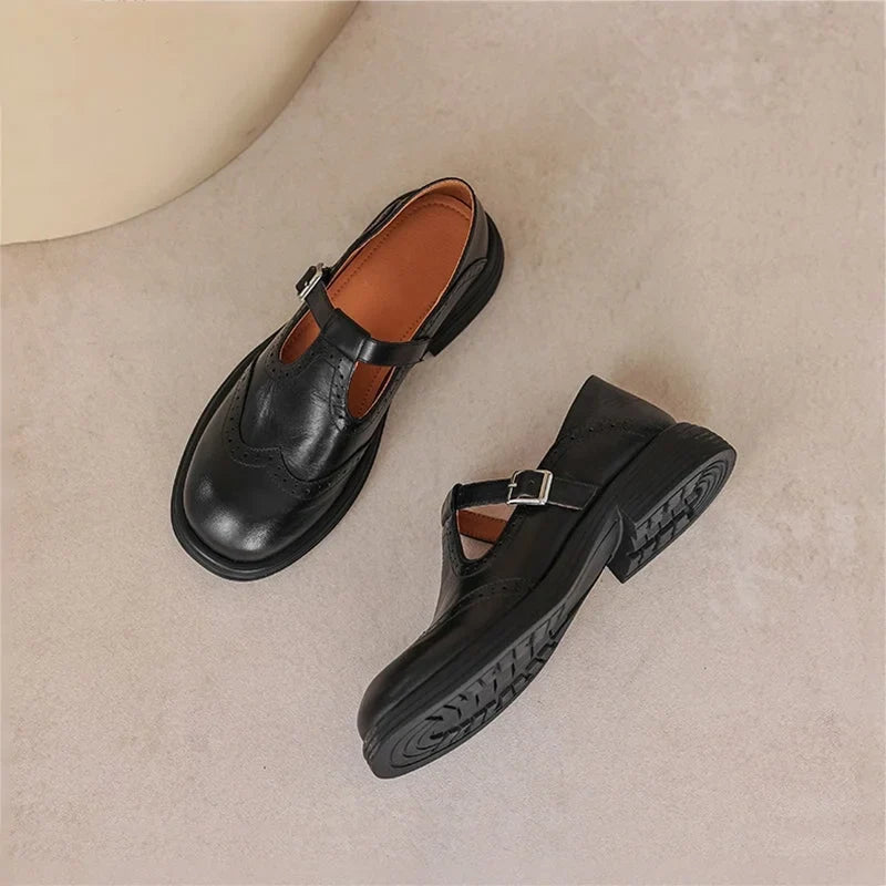 Women's leather brogue Mary Jane shoes with T-strap and block heel