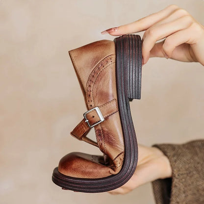 Women's leather brogue Mary Jane shoes with T-strap and block heel