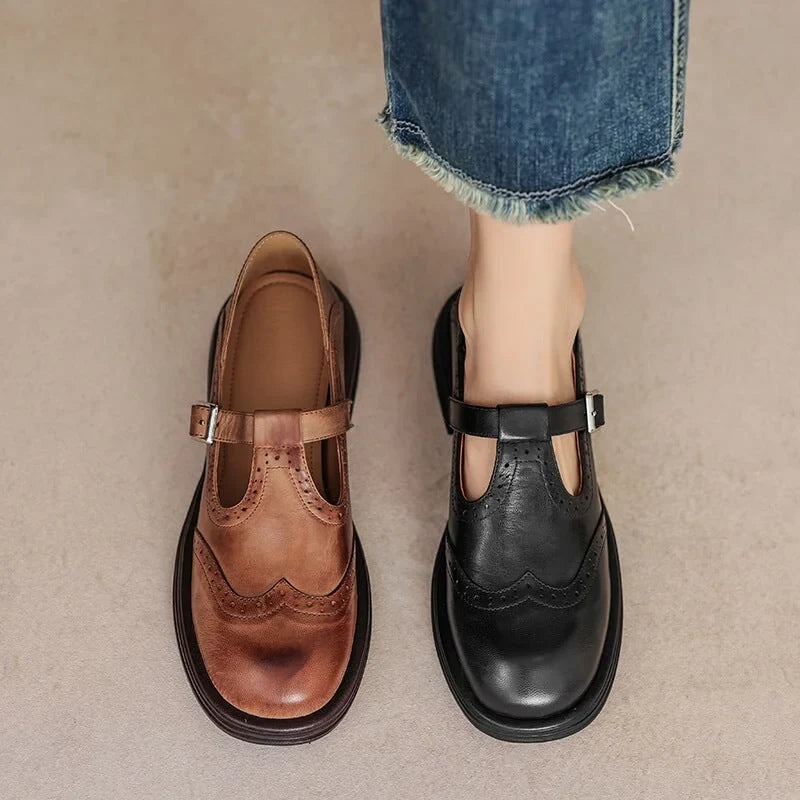 Women's leather brogue Mary Jane shoes with T-strap and block heel