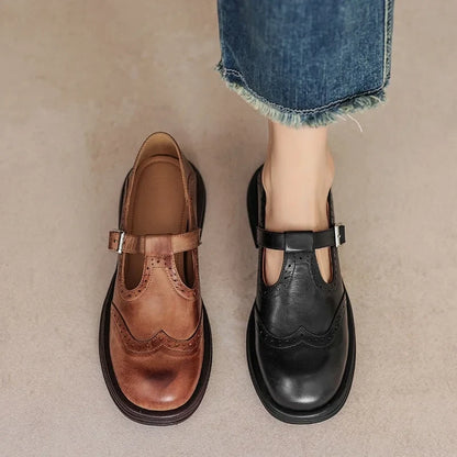 Women's leather brogue Mary Jane shoes with T-strap and block heel
