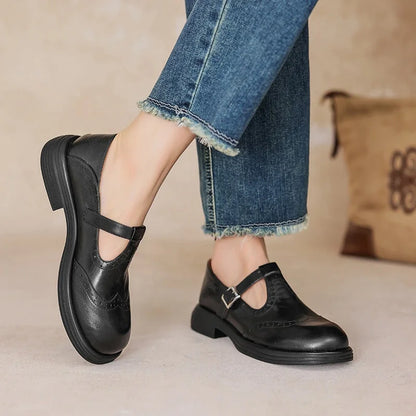 Women's leather brogue Mary Jane shoes with T-strap and block heel