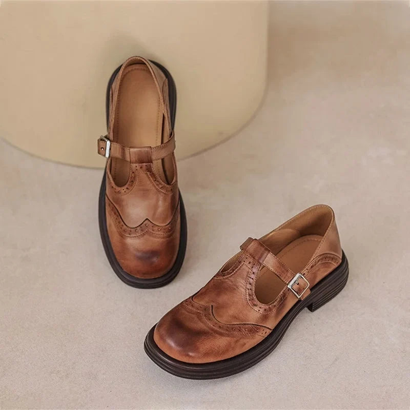 Women's leather brogue Mary Jane shoes with T-strap and block heel