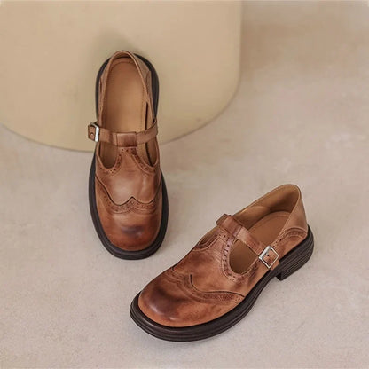Women's leather brogue Mary Jane shoes with T-strap and block heel