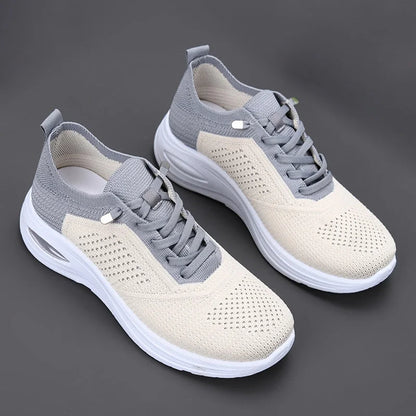 Women's mesh lace-up walking sneakers with air-cushion sole – Grey