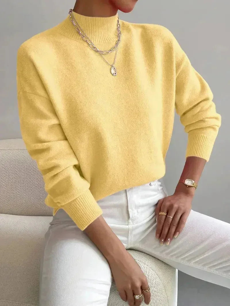 Women's mock-neck long-sleeve knit sweater with relaxed fit and ribbed cuffs – Yellow