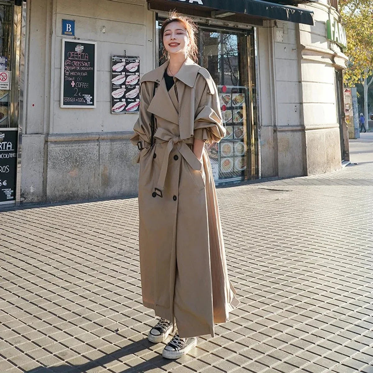 Women's oversized double-breasted long trench coat – Khaki