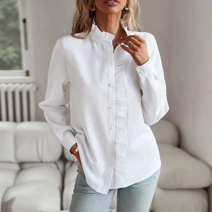 Women's pale textured striped blouse with long sleeves and ruffled stand-collar