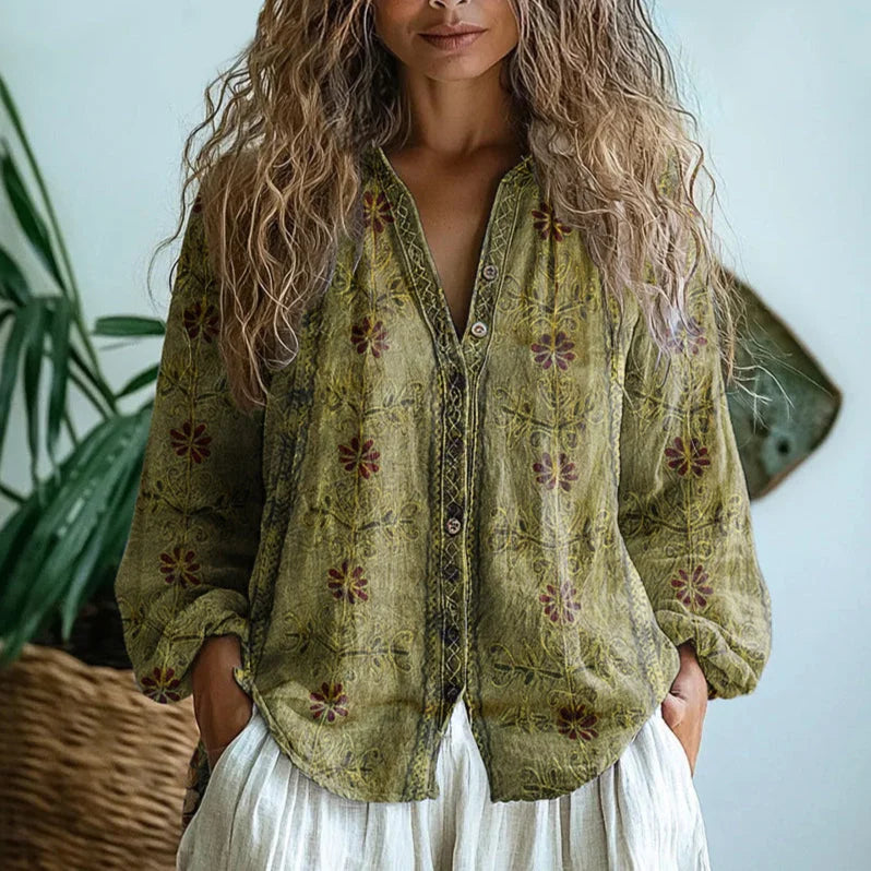 Women's relaxed nature print long sleeve blouse with V-neck design – Green