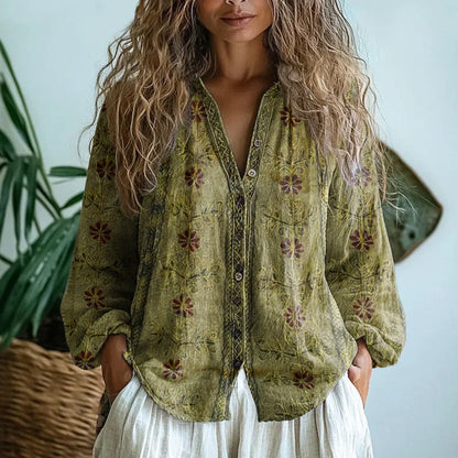 Women's relaxed nature print long sleeve blouse with V-neck design – Green