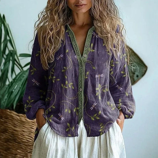 Women's relaxed nature print long sleeve blouse with V-neck design – Purple