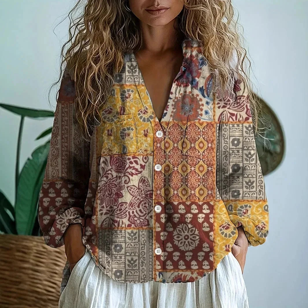 Women's relaxed nature print long sleeve blouse with V-neck design – Yellow