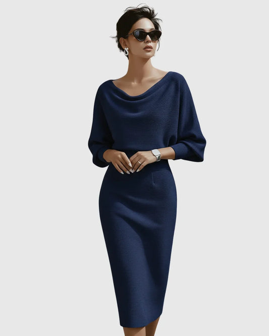 Women's ribbed knit midi dress with cowl-neck and 3/4 sleeve