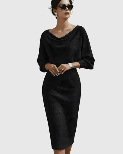 Women's ribbed midi dress with cowl-neck and batwing-sleeve
