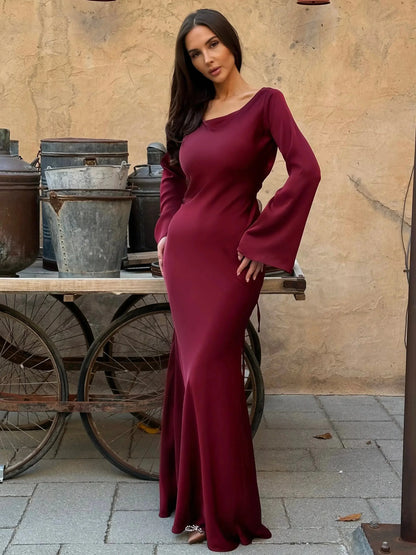 Women's satin fitted long-sleeve maxi dress with scoop neck and flared cuffs – Burgundy