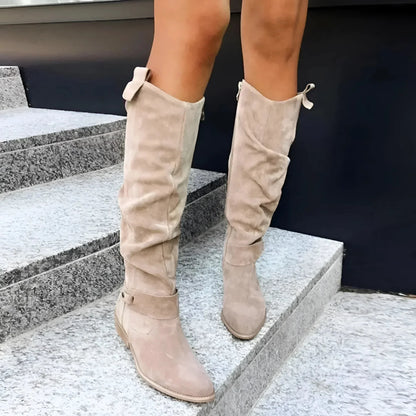 Women's slouchy suede knee-high boots with side zipper and buckle