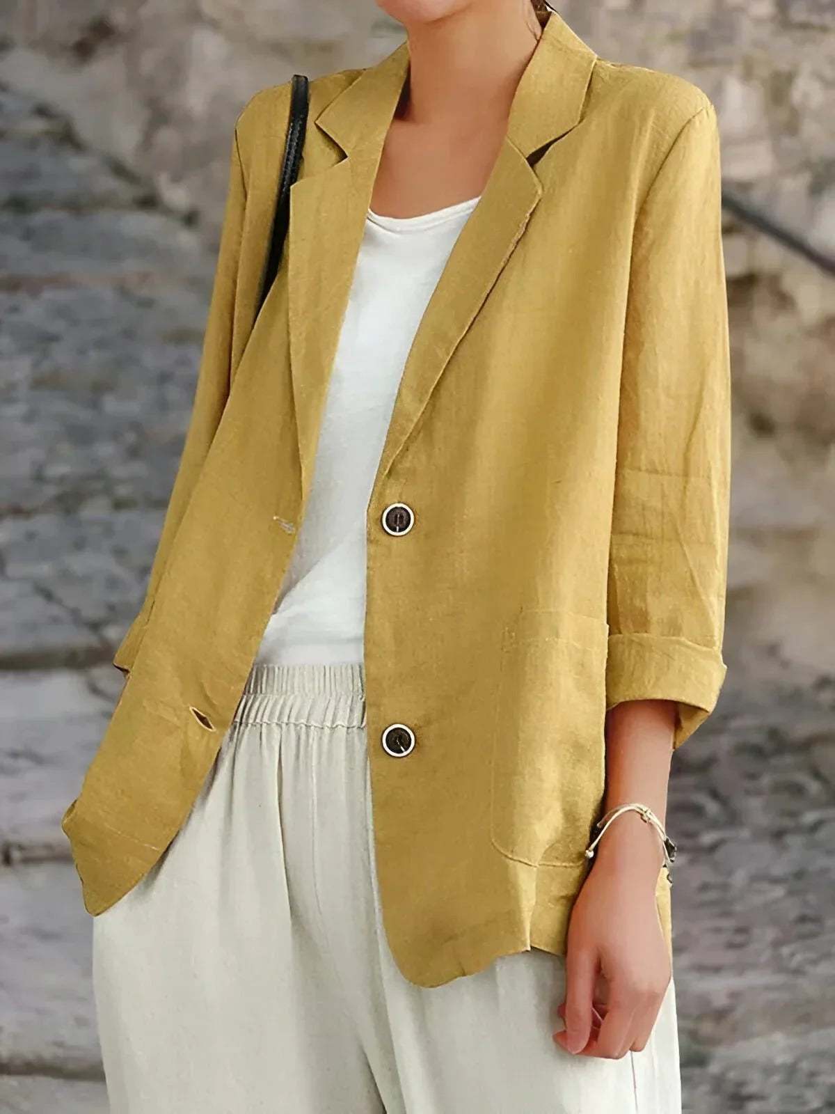 Women's tailored linen blazer with 3/4-sleeve for a lighter blazer layer – Yellow