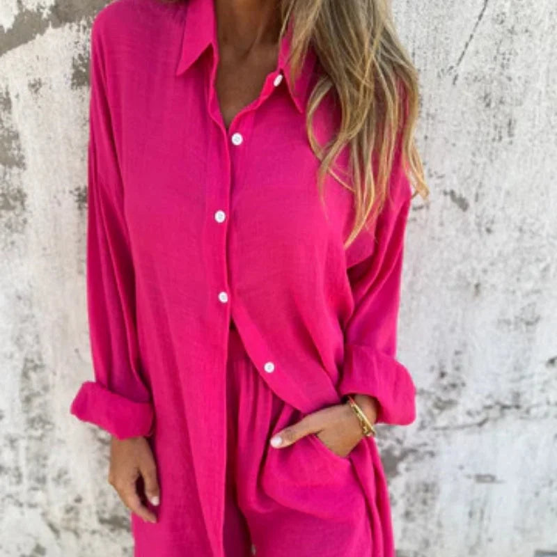 Women's textured casual matching set with long-sleeve button-up shirt and shorts