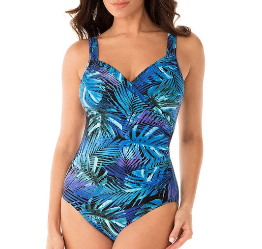 Women's tropical leaf print shaping swimsuit with V-neck and wide straps – Sky Blue
