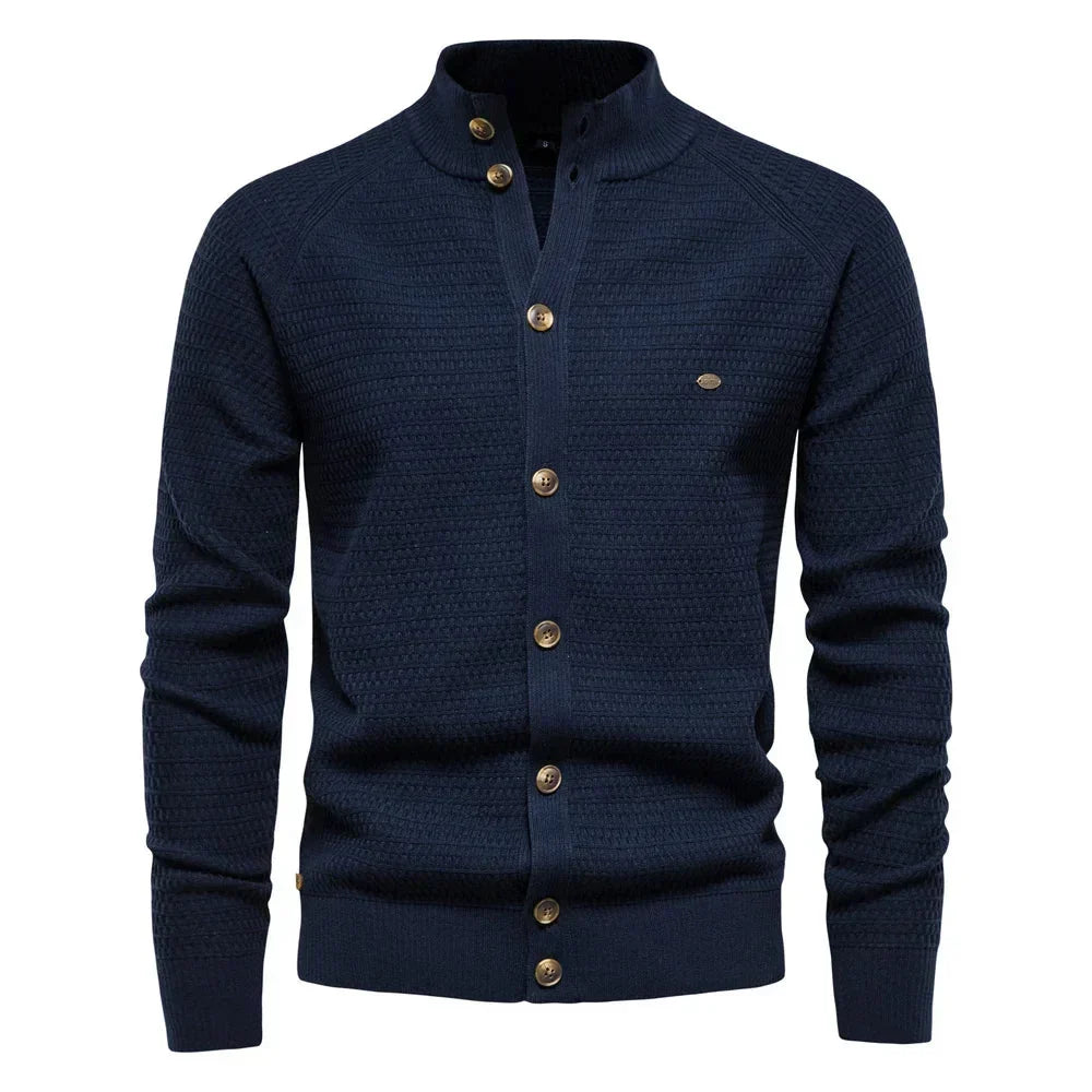 Women's waffle-knit cardigan with button-front closure and stand-up collar