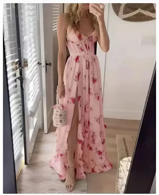 Women's wedding guest floral maxi dress with high-slit