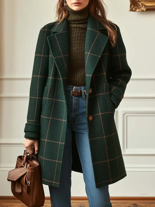 Women's wool-blend check coat with lapel collar – Dark Green
